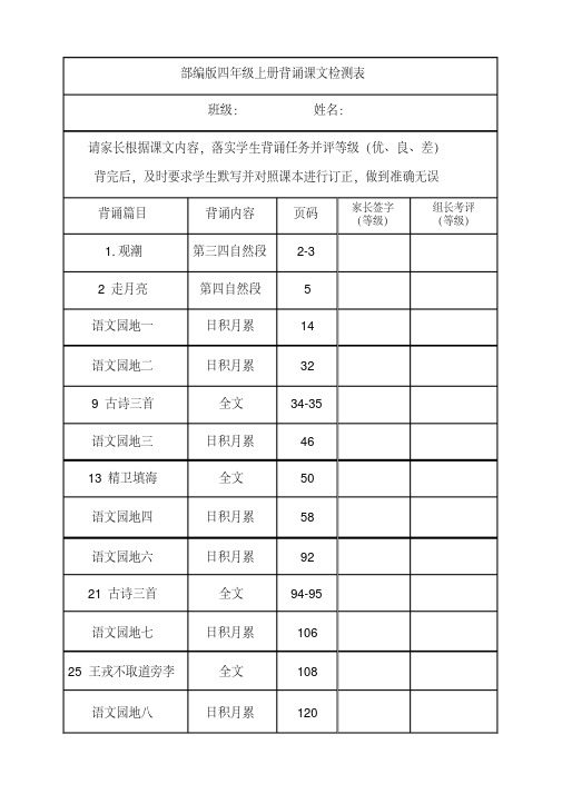 部编版四年级语文上册背诵课文检测表