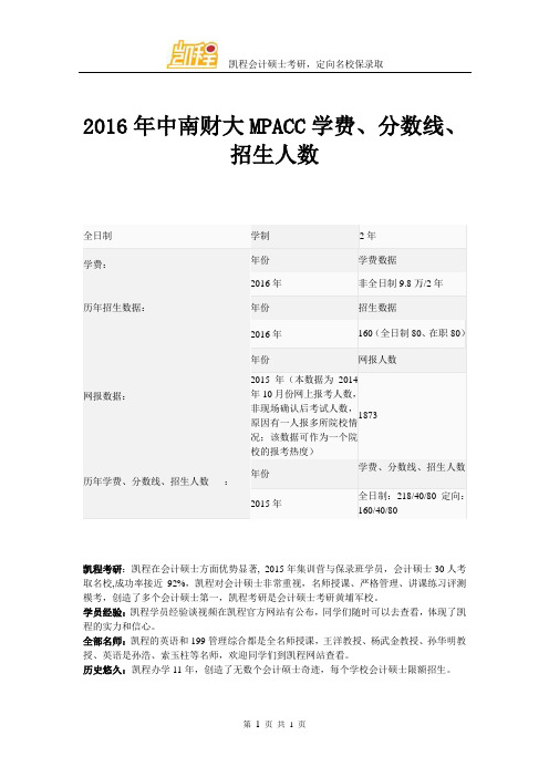 2016年中南财大MPACC学费、分数线、招生人数