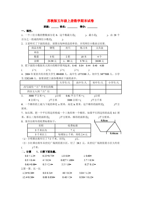 2015~2016学年度 最新精编 苏教版   五年级上册数学期末试卷