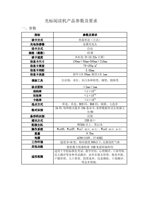 光标阅读机产品参数及要求