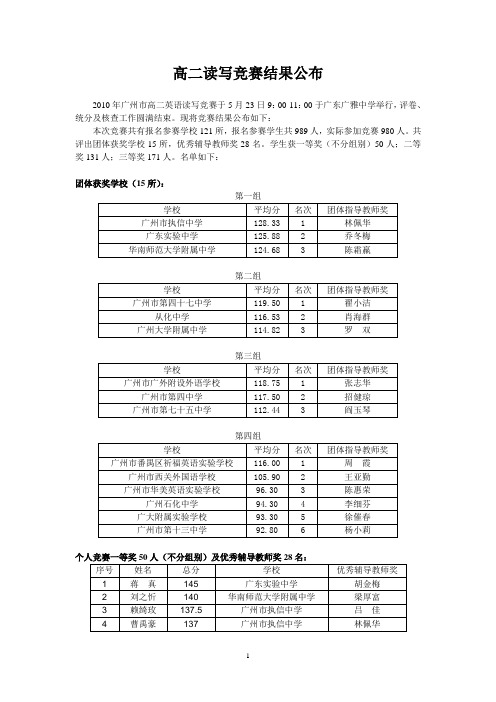 高二读写竞赛结果公布