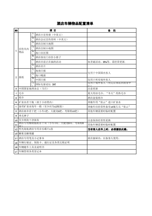 车内物品配置清单