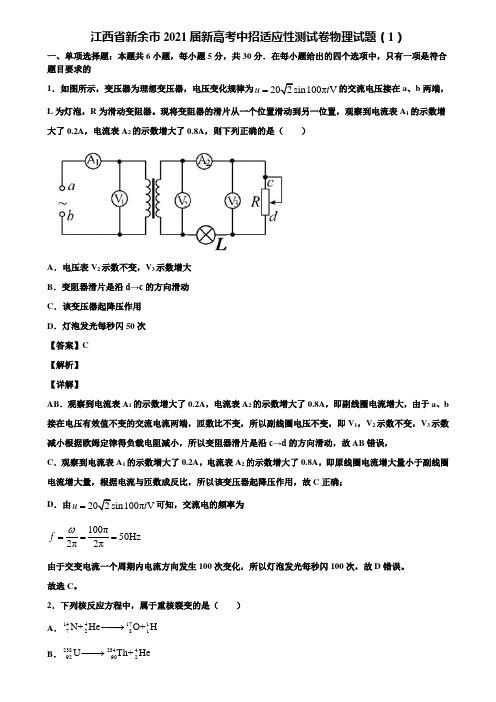 江西省新余市2021届新高考中招适应性测试卷物理试题(1)含解析