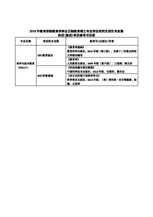 2018年教育学院教育学科全日制教育硕士专业学位研究生招生专业课初试(复试)科目参考书目录