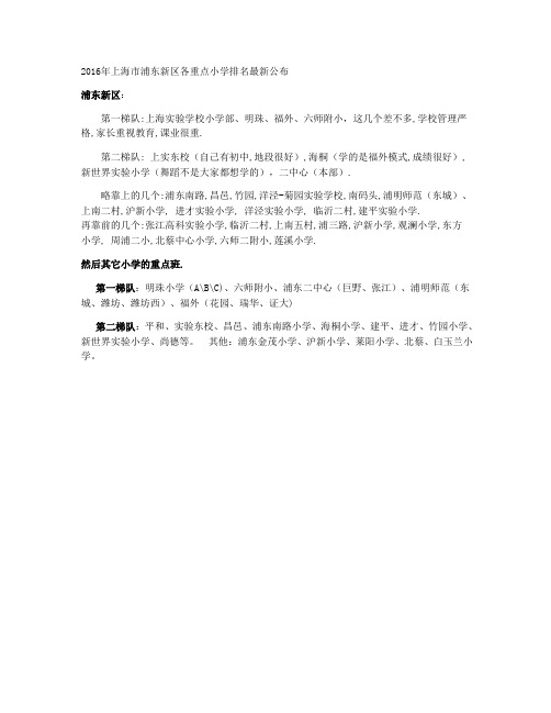 2016年上海市浦东新区各重点小学排名最新公布