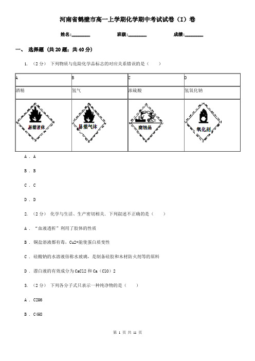 河南省鹤壁市高一上学期化学期中考试试卷(I)卷