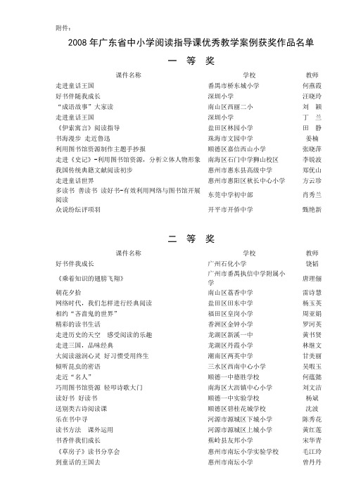 2008年广东省中小学阅读指导课优秀教学案例获奖作品名