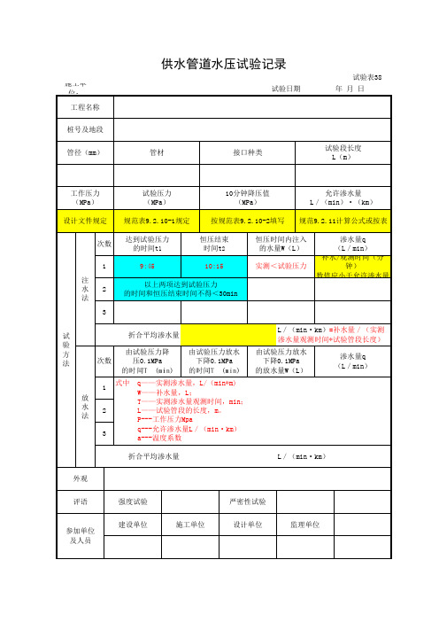 供水管道水压试验记录填写范例