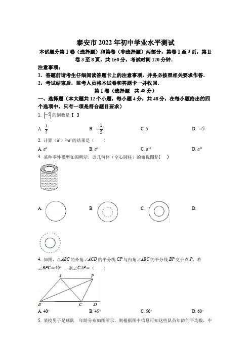 精品解析：2022年山东省泰安市中考数学真题(原卷版)