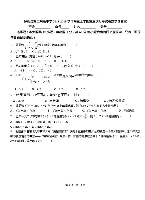 罗山县第二高级中学2018-2019学年高三上学期第三次月考试卷数学含答案