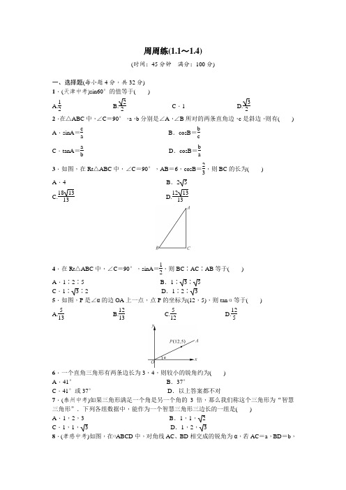 北师大版九年级数学下册第一章 直角三角形的边角关系周周测9(1.1~1.4)