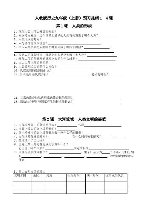 人教版历史九年级(上册)预习提纲1—4课