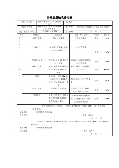 外观质量验收评定表(锚索框格梁管道线左边)