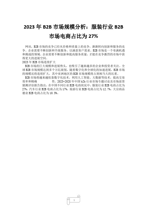 2023年B2B市场规模分析：服装行业B2B市场电商占比为27%