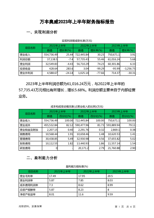 002085万丰奥威2023年上半年财务指标报告