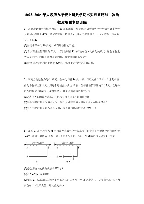 2023-2024年人教版九年级上册数学期末实际问题与二次函数应用题专题训练(含答案)