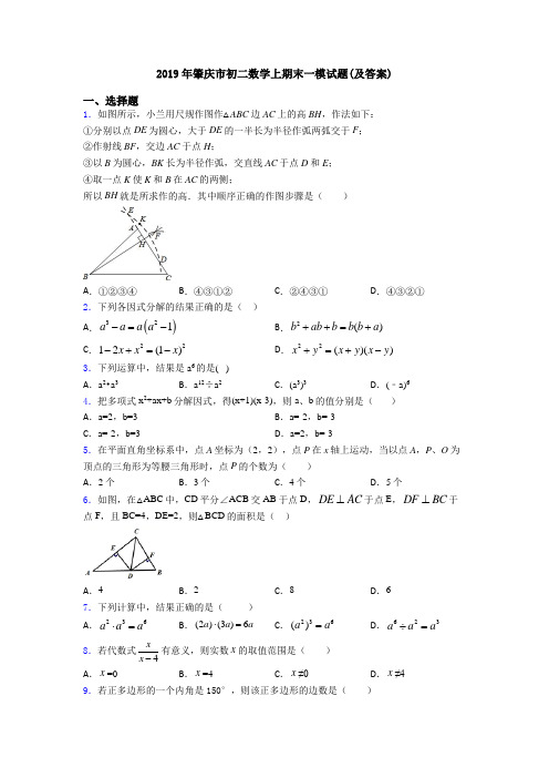 2019年肇庆市初二数学上期末一模试题(及答案)