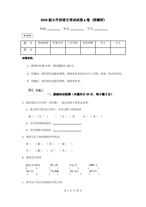 2020版小升初语文考试试卷A卷 (附解析)