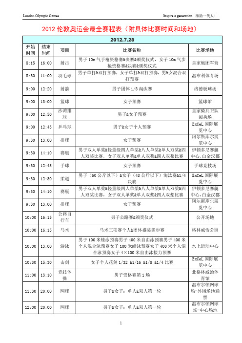 2012伦敦奥运会最全赛程表(附具体比赛时间和场地)要点