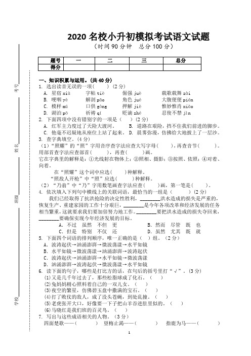 2020年名校小升初模拟考试语文试题