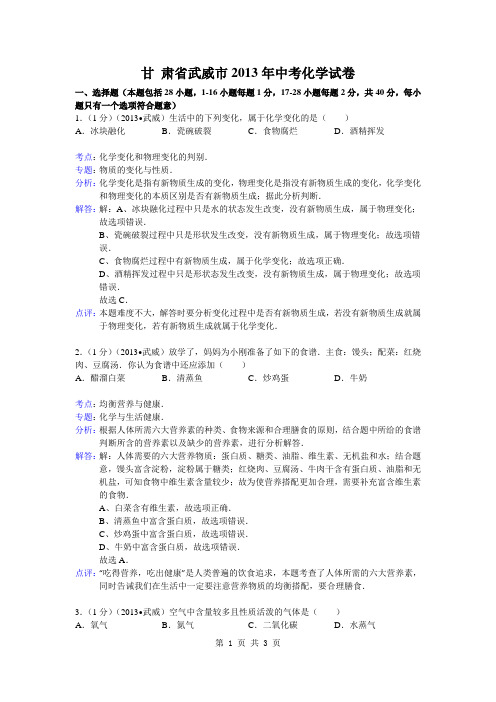 甘肃省武威市2013年中考化学试题(word版,含解析)