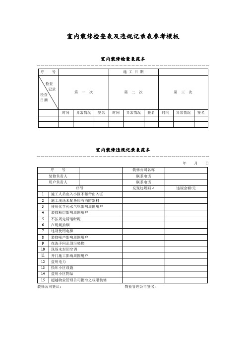 室内装修检查表及违规记录表参考模板