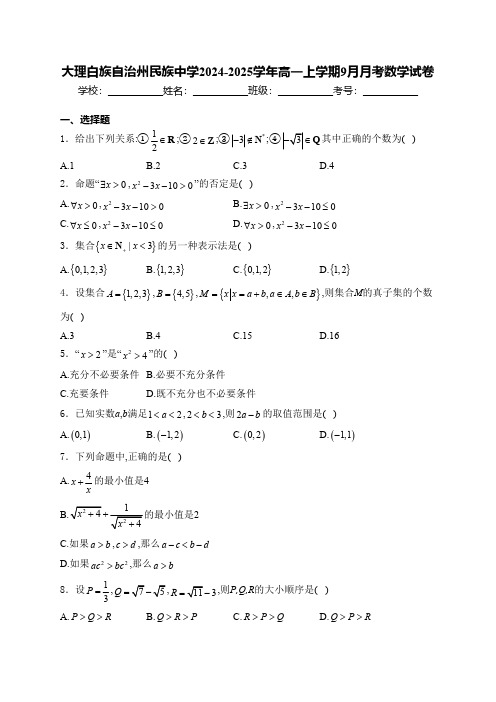 云南省大理白族自治州民族中学2024-2025学年高一上学期9月月考数学试卷(含解析)