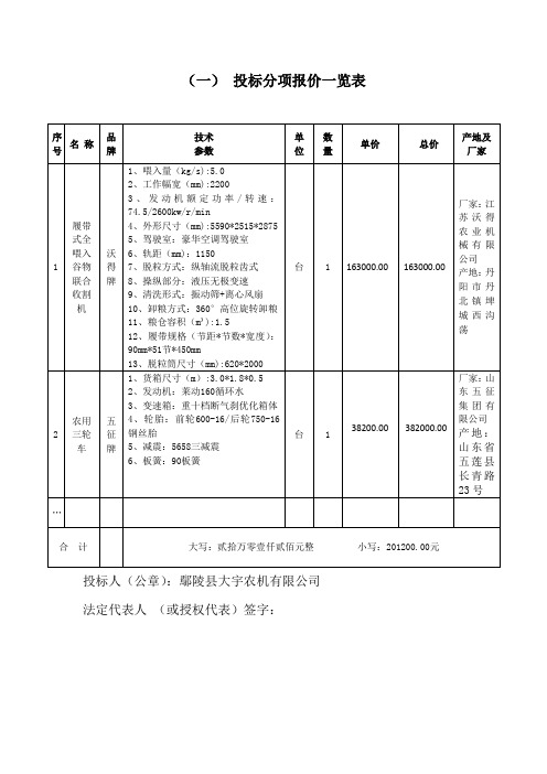 (一)投标分项报价一览表