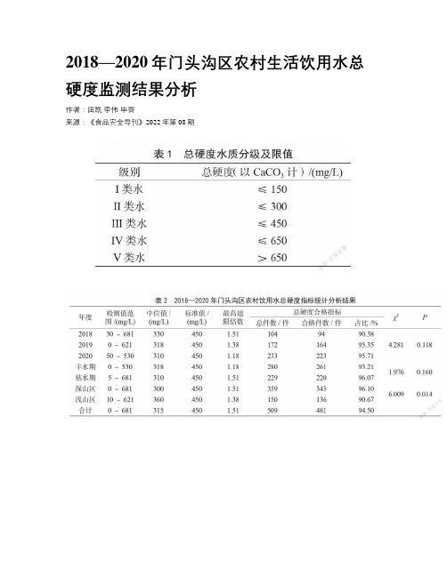 2018—2020年门头沟区农村生活饮用水总硬度监测结果分析