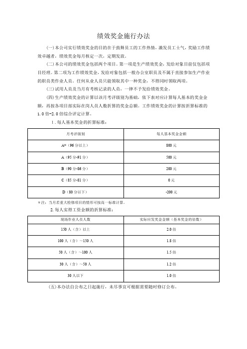 绩效奖金施行办法