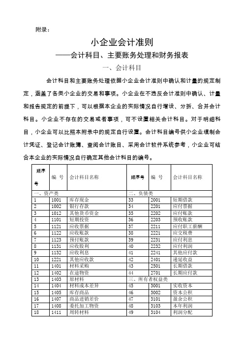 小企业会计准则附录会计科目主要账务处理和财务报表