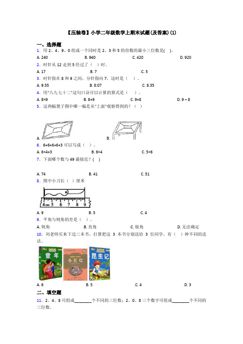 【压轴卷】小学二年级数学上期末试题(及答案)(1)