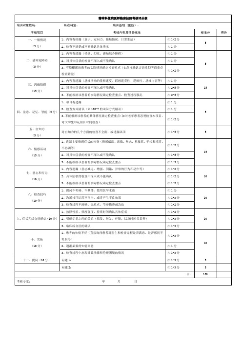 精神科住院医师临床技能考核评分表