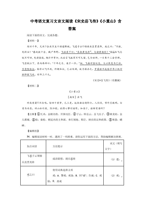 中考语文复习文言文阅读《宋史岳飞传》《小重山》含答案