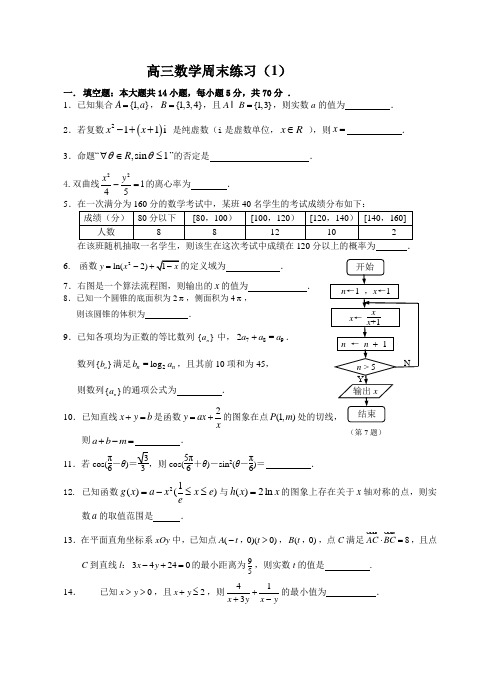 江苏省2019-2020学年上学期高三数学周末练习(1)(无答案)