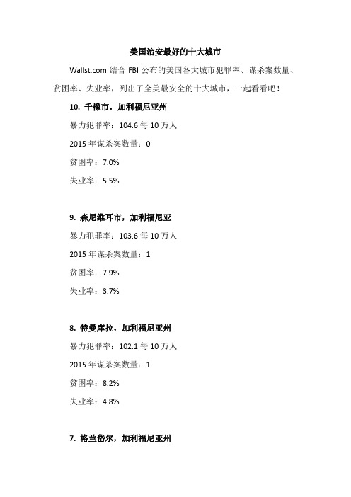 美国治安最好的十大城市