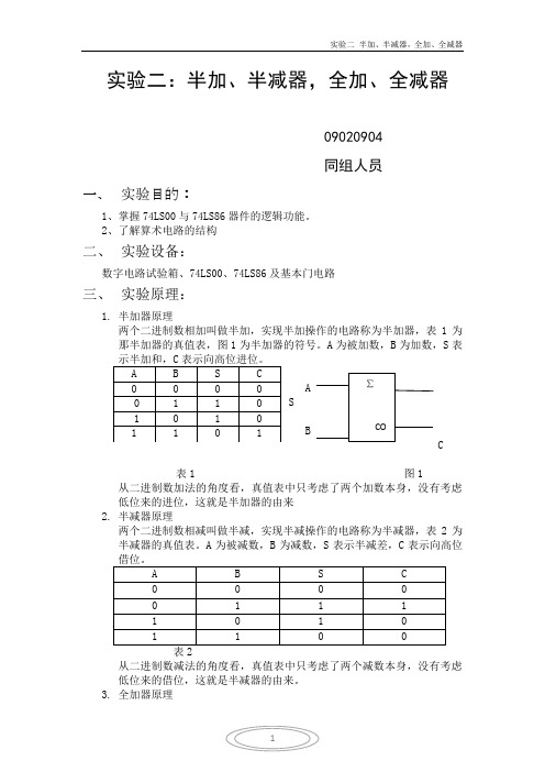 实验二：半加、半减器,全加、全减器