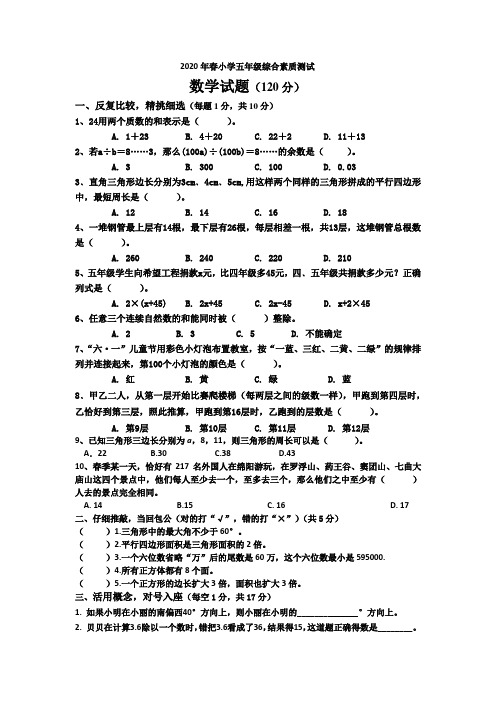 2020年春小学五年级数学综合素质测试