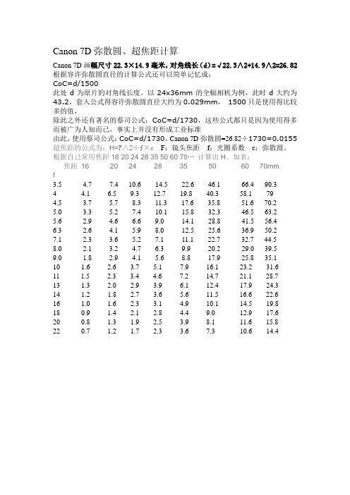 Canon 7D弥散圆超焦距计算