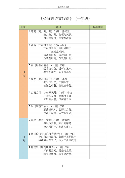 一年级古诗文背诵记录表