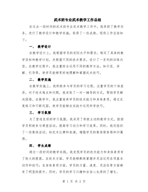 武术班专业武术教学工作总结