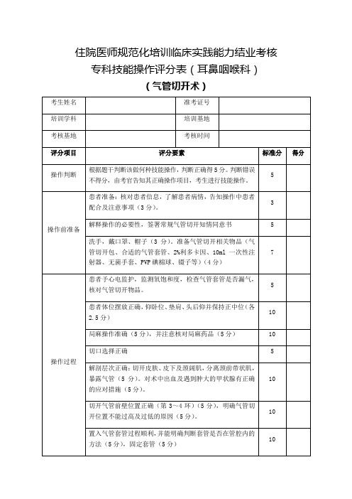 住院医师规范化培训临床实践能力结业考核专科技能操作评分表(耳鼻咽喉科)气管切开术