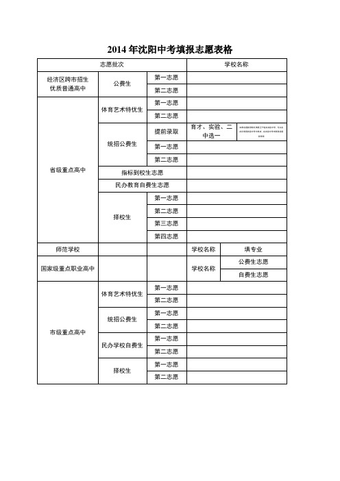 2014年沈阳中考填报志愿表格