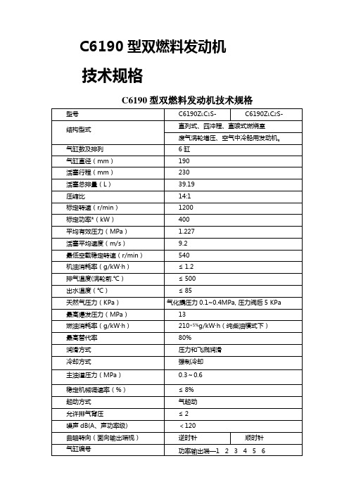 C6190双燃料船用发动机主要性能规格