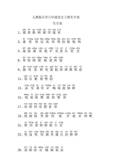 小学六年级语文生字表(上下册)