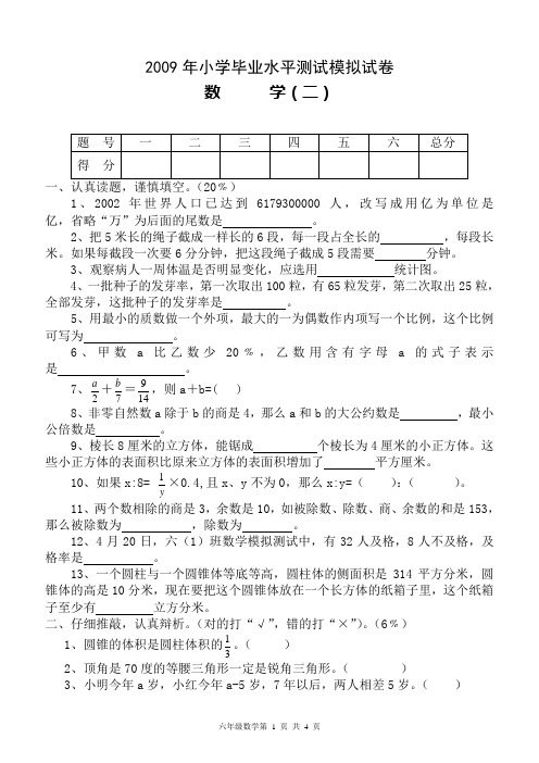 2009年小学毕业水平测试模拟试卷