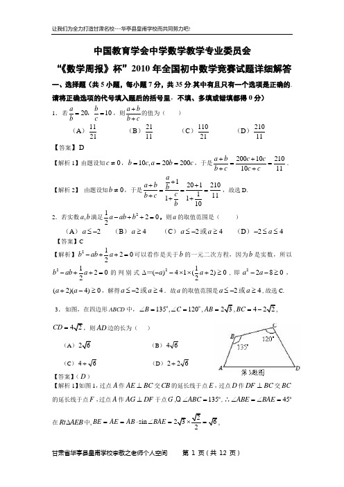 2010年数学周报杯全国初中数学竞赛试题及详细解答