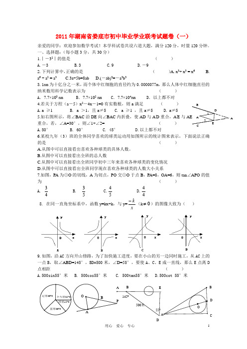 湖南省娄底市初中数学毕业学业联考试题卷(一)湘教版