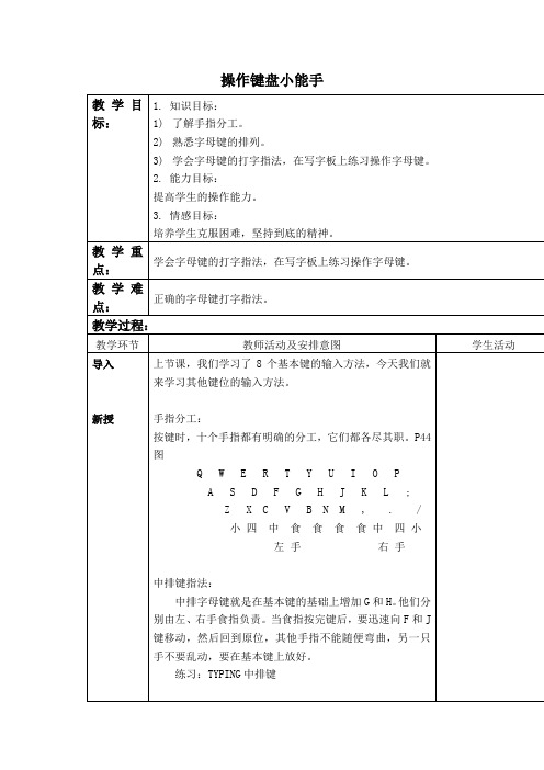 操作键盘小能手( 键盘操作姿势和指法)(清华版)教案