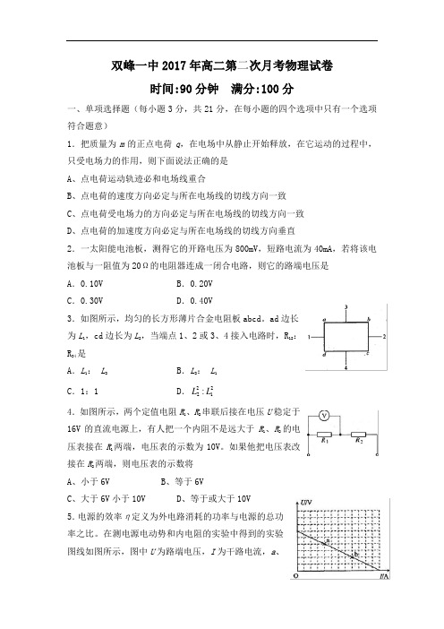 湖南省双峰县第一中学2017-2018学年高二上学期第二次月考物理试题 含答案 精品